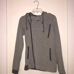 warm grey hooded with a button at the top